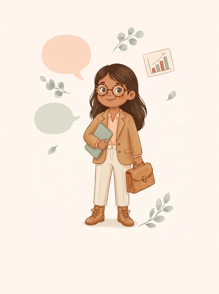 Ilustración de una chica con gafas y ropa de oficina, de pie con una tableta bajo el brazo y un maletín en la mano, junto a bocadillos de diálogo y un pequeño gráfico