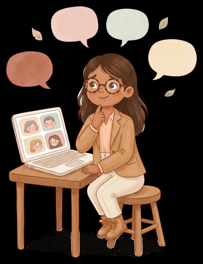 Ilustración de una chica con gafas y ropa de oficina en una videollamada, pensativa con un dedo en la barbilla, con bocadillos de diálogo vacíos flotando sobre ella