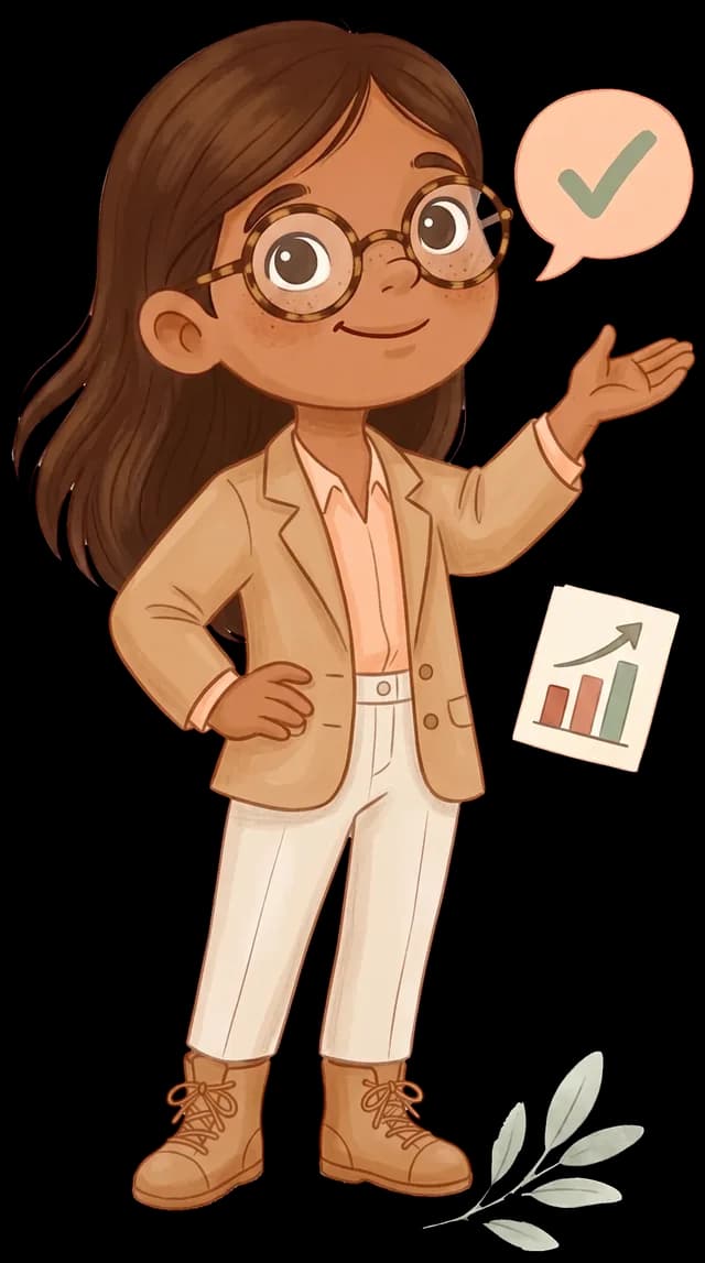Ilustración de una chica con gafas y ropa de oficina, segura de sí misma, con una mano en la cadera y la otra abierta mientras habla, junto a un bocadillo con una marca de verificación