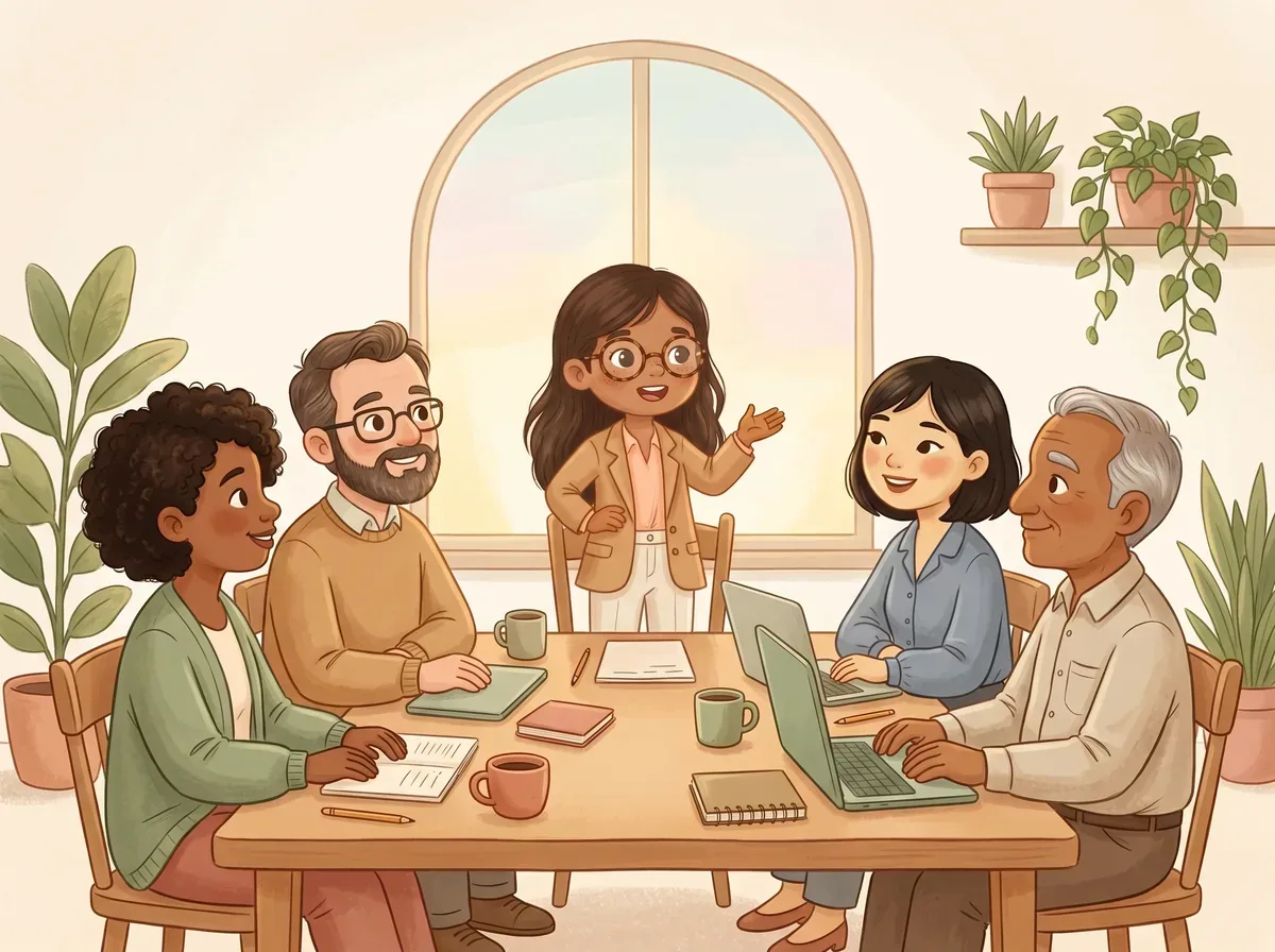 Ilustración de una chica con gafas y ropa de oficina de pie en la cabecera de una mesa de reuniones, hablando con seguridad mientras cuatro compañeros la escuchan sonrientes