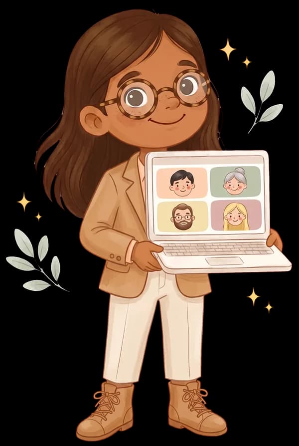 Ilustración de una chica con gafas y ropa de oficina que ofrece sonriente un portátil abierto con una videollamada en la pantalla