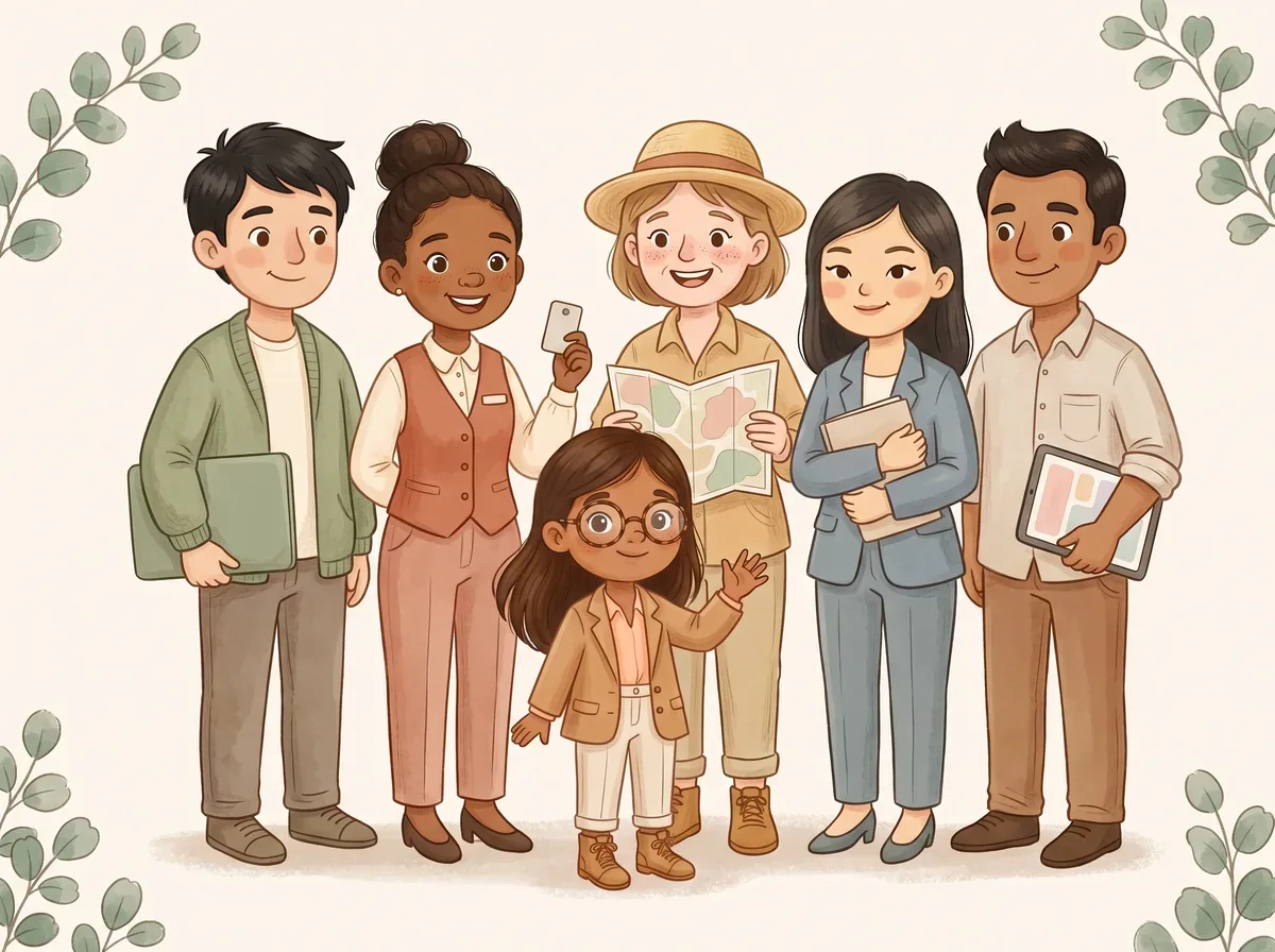 Ilustración de cinco profesionales sonrientes de distintos sectores, entre ellos un programador, una recepcionista de hotel y una guía turística, con una chica con gafas saludando delante