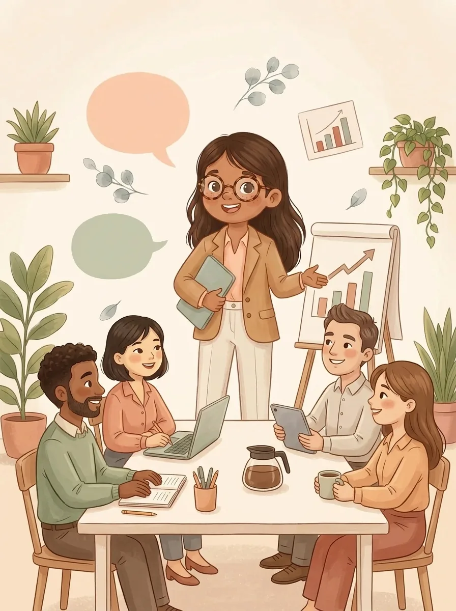 Ilustración de una chica con gafas y blazer presentando ante cuatro profesionales sonrientes en una sala de reuniones, con un rotafolio con un gráfico ascendente