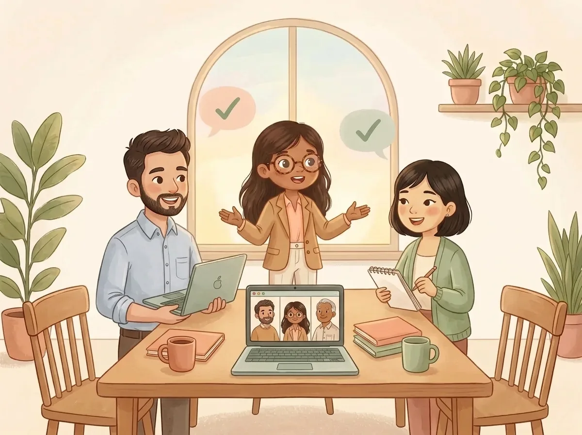 Ilustración de una chica con gafas y blazer animando a dos profesionales sonrientes junto a un portátil con una videollamada con clientes internacionales