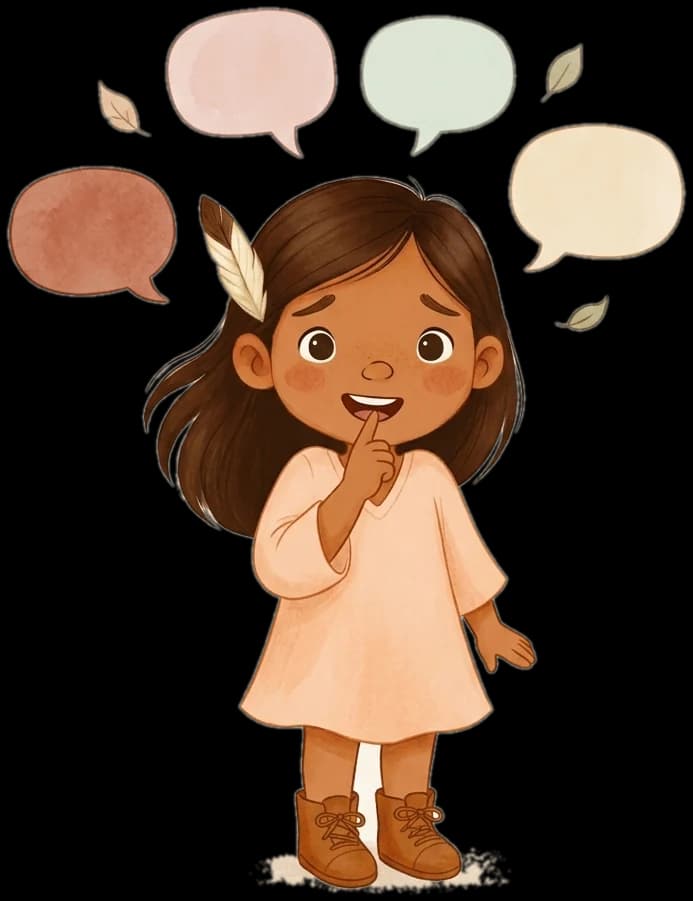 Ilustración de una chica buscando palabras, con bocadillos de diálogo vacíos flotando sobre ella