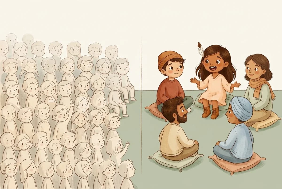 A la izquierda, un aula masificada y anónima; a la derecha, cinco personas en círculo donde una de ellas habla