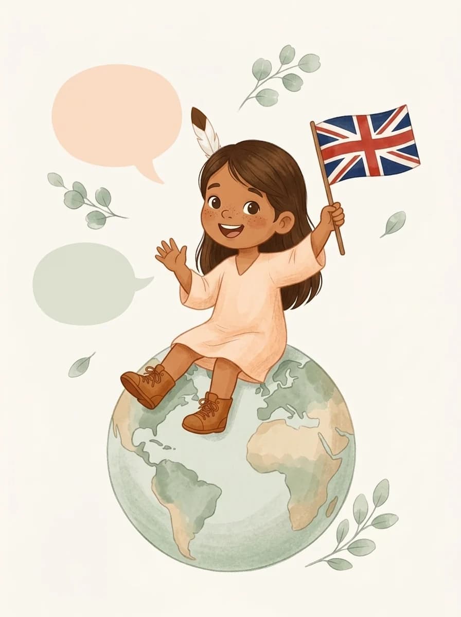 Ilustración de una chica sentada sobre el globo terráqueo, saludando alegremente con una bandera británica en la mano