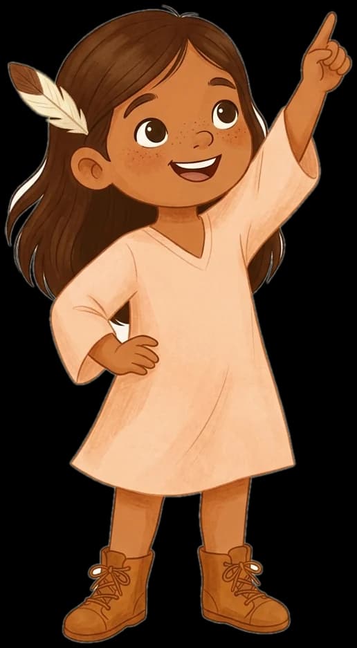 Ilustración de una chica de pie, señalando con orgullo hacia arriba con la mano