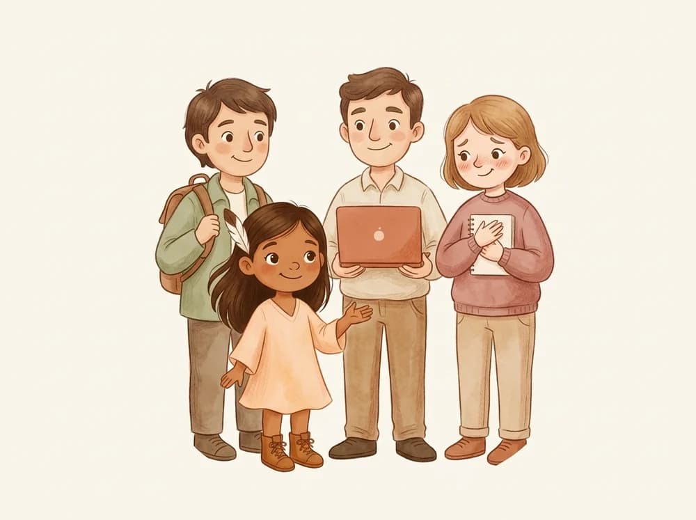 Ilustración de tres estudiantes sonrientes con mochila, portátil y cuaderno, con una chica delante