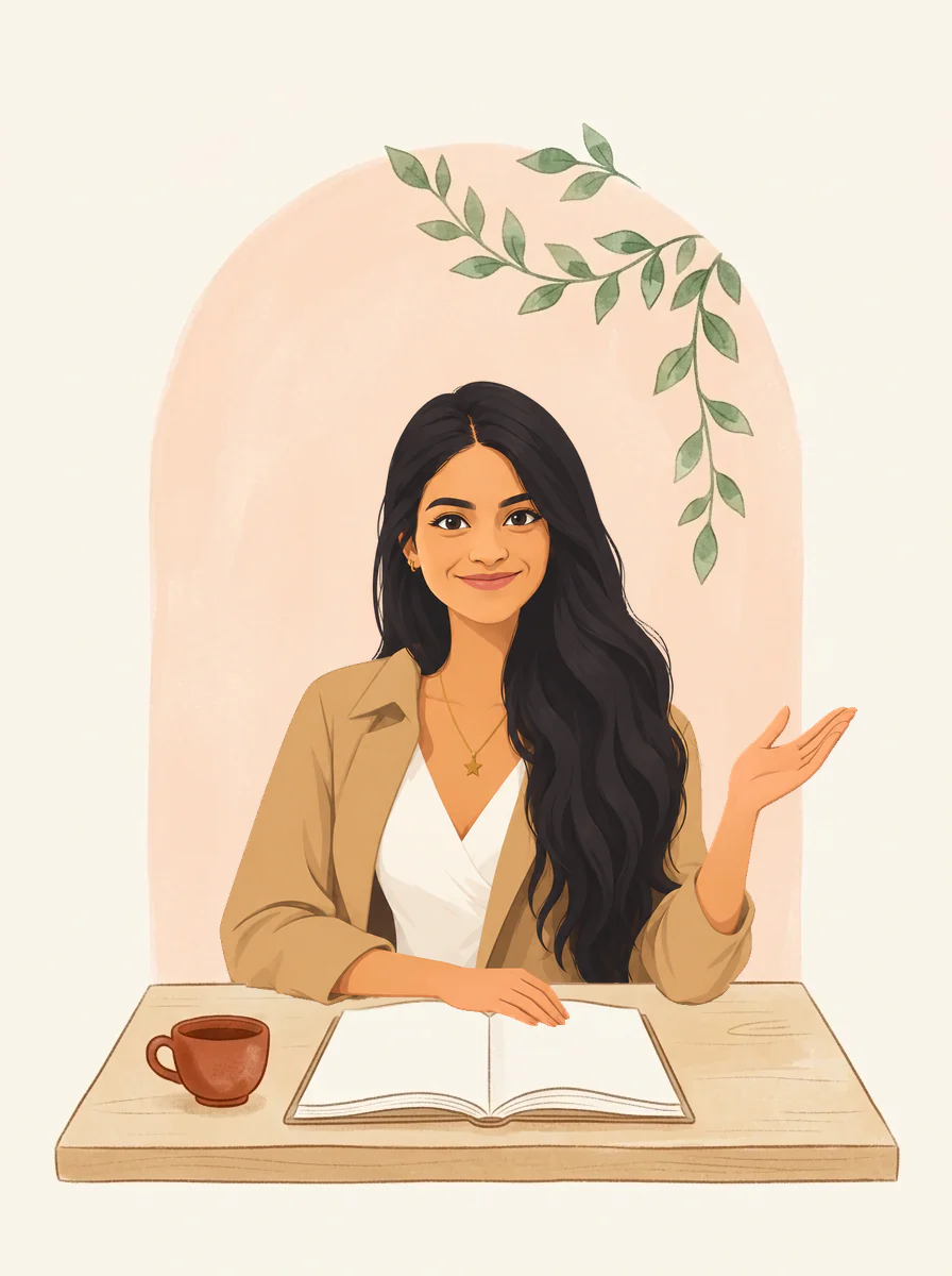 Retrato ilustrado de la profesora Yanina Morán en un escritorio con un cuaderno abierto